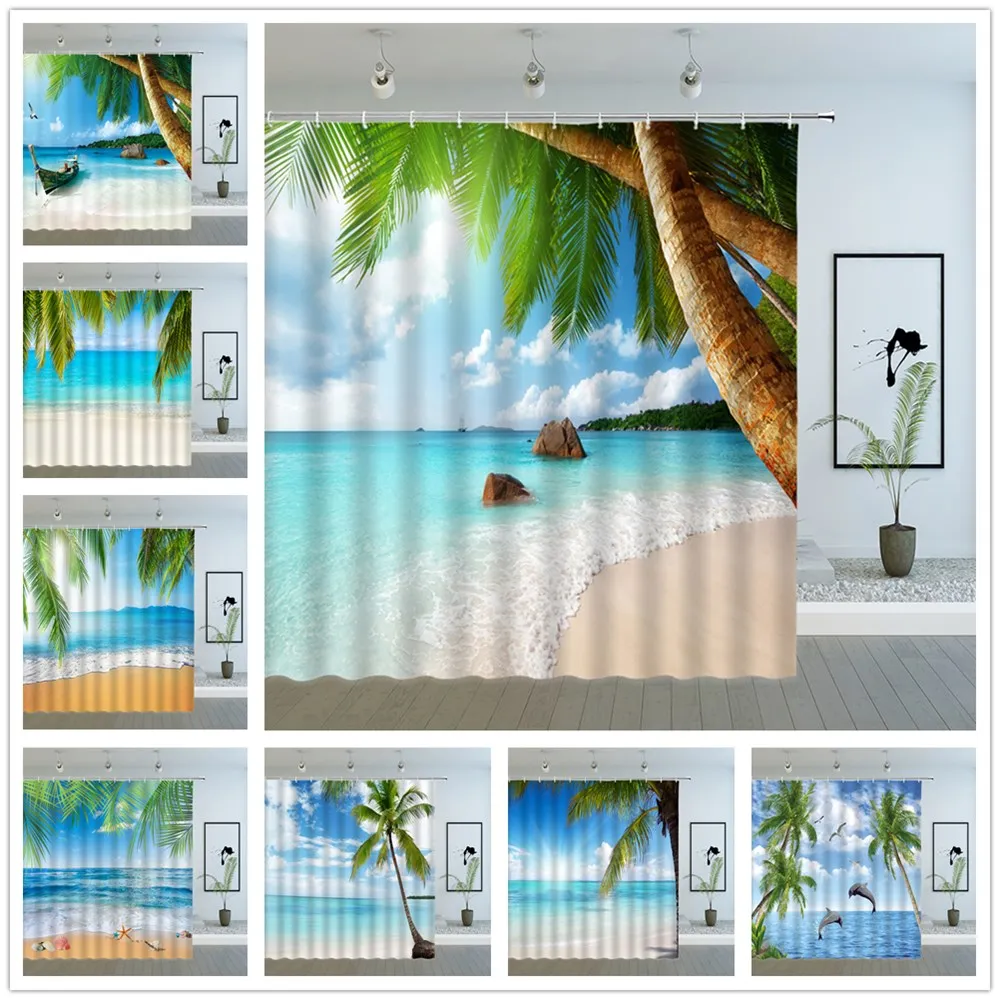 

Ocean Beach Scenery Shower Curtains Sea Wave Summer Sunlight Holiday Coconut Tree Bathroom Decor Waterproof Cloth Curtain Set