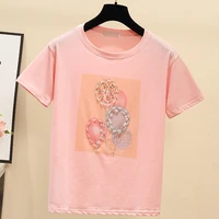 fashion beading t shirts for women cotton print short sleeve tshirt summer 2022 korean style clothes tee shirt femme womens tops