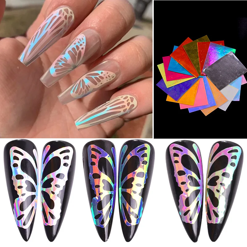 

16pcs Flame Leaves Fluorescence Butterfly Pattern Nail Art Transfer Stickers Self Adhesive Decals Nail Art Decorations Accessory