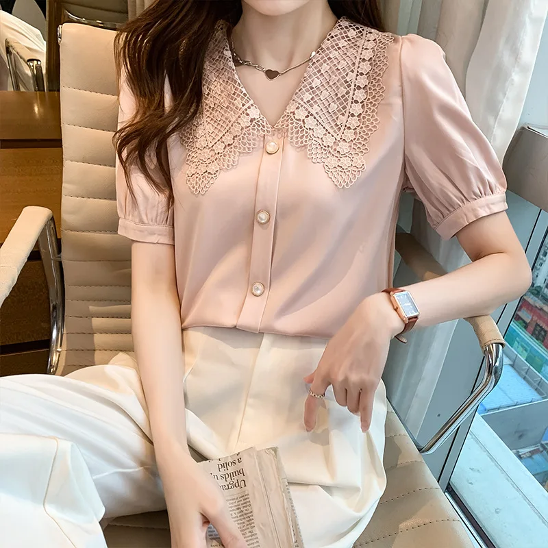 

Houthion Silk Satin Slim Women's Blouses New Casual Blouse Fashion Short Sleeve Top Solid Buttons Lace Doll Collar Shirt Summer