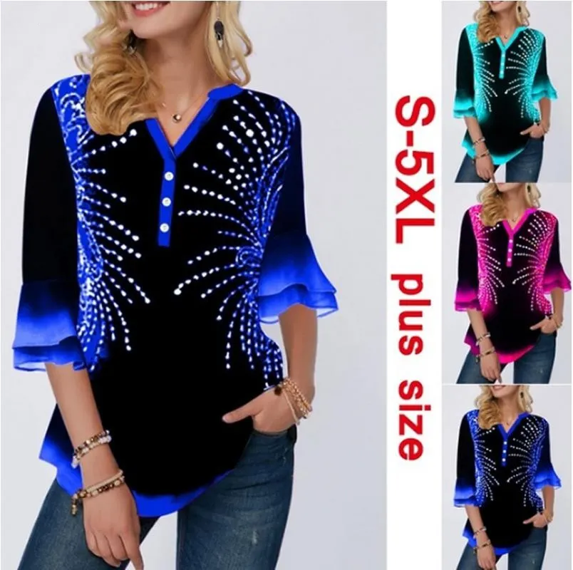 

2021 Elegant Casual Women Shirt Blouse Plus Size 5XL Print V-neck Flared Sleeve Tops Female Shirt Loose Ladies Butterfly Sleeve