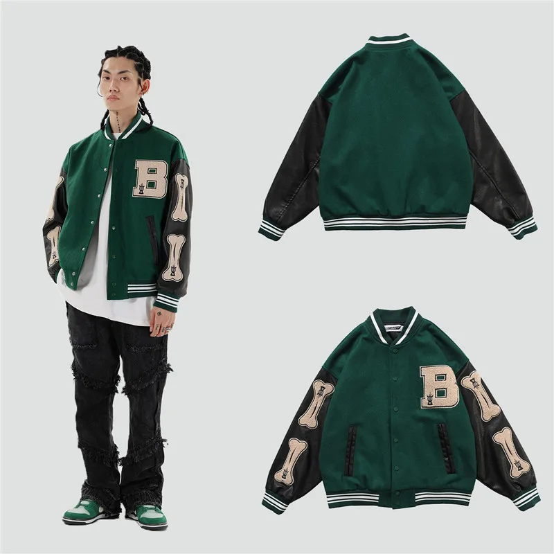 

2021 New Spring and Autumn Jacket Hip-hop Street Baseball Uniform Loose PU Stitching Baseball Uniform Functional Wind Jacket Top