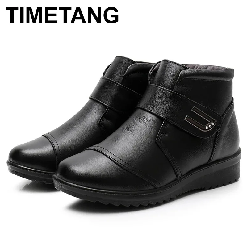 

TIMETANG Shoes Woman Flat Non-slip Soft Comfort Warm Snow Boots Mother Ankle Boots Winter Women Boots Cowhide Leather Boots