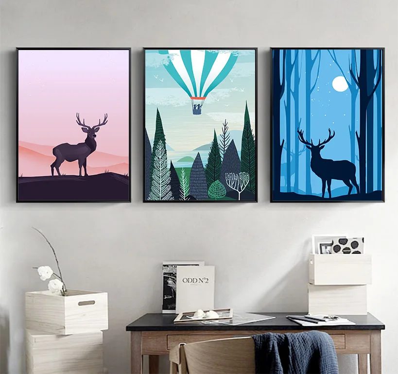 Настенные постеры на холсте с изображением леса, Луны, оленя, скандинавский пейзаж