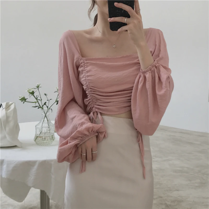 square collar long sleeve crop tops Drawstring fashion brand sweet Blouses Shirts Women's Clothing spring fall new high quality | Женская
