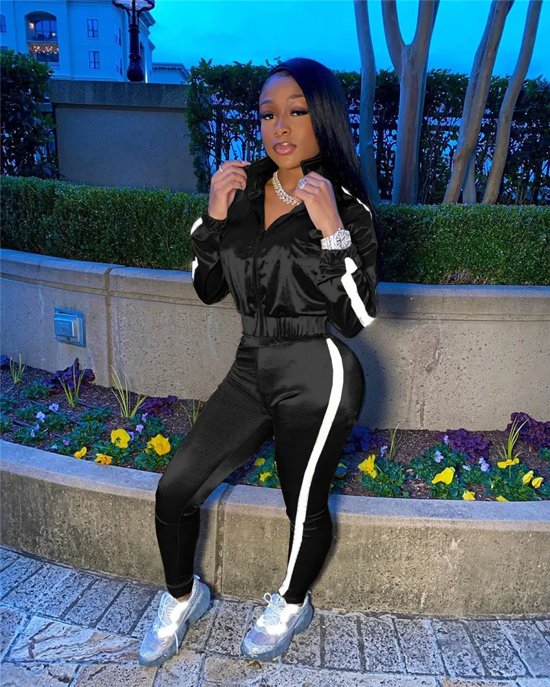 

Женский брючный костюм, комплект из 2 предметов, с высокой талией, светящийся полоской, с длинным рукавом, однотонный спортивный костюм на ос...