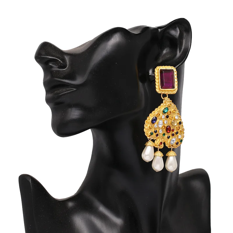 

JL Fashion Long Heart Pearls Earrings Large Glass Diamond Earrings Female Exaggerated Jewelry