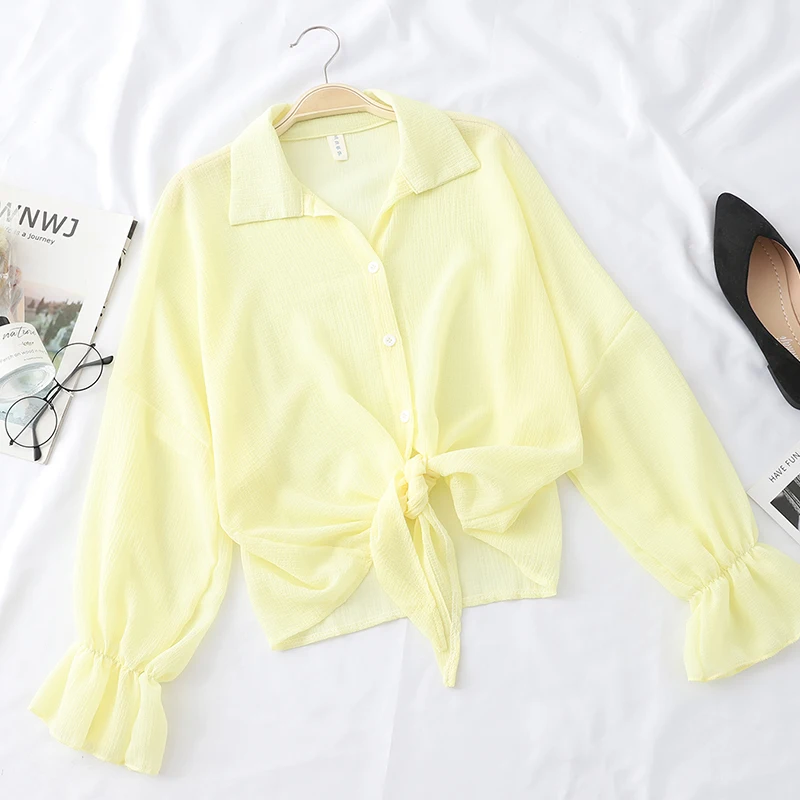 Блузка Женская Осенняя офисная на пуговицах с длинным рукавом и завязкой талии |