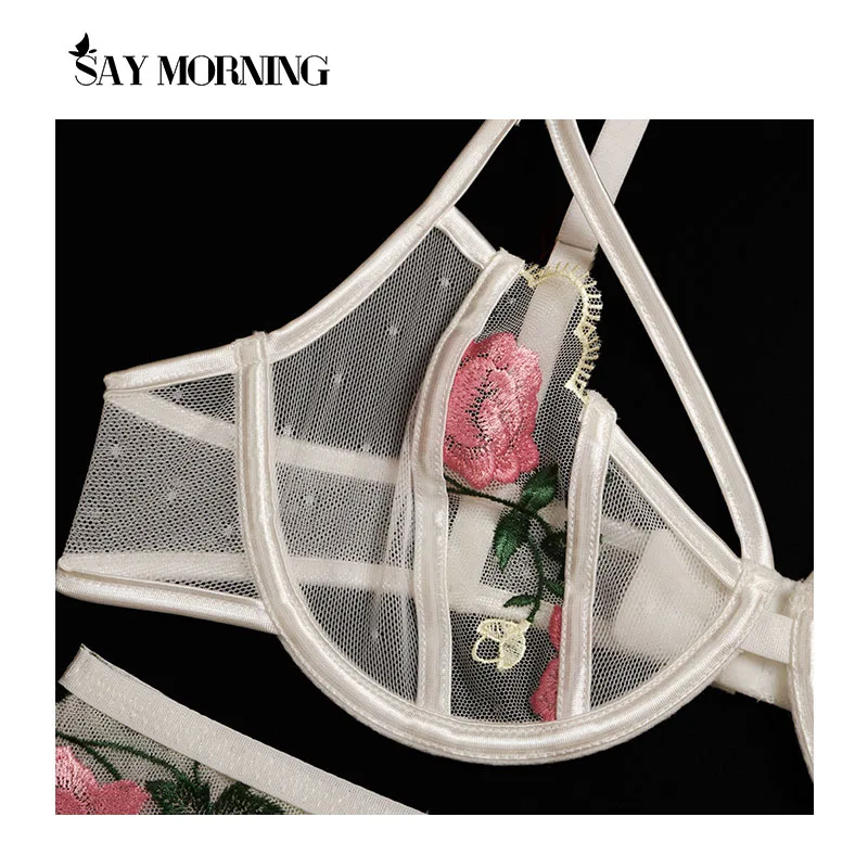 

SAY MORNING Women's Embroidered Lace Underwear Set Underwire Gathered Bra Sexy Garter Belt Mesh See-Through Thong Lingerie Set