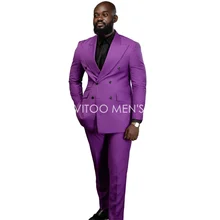Traje púrpura de doble botonadura para hombre, Blazer ajustado de 2 piezas + Pantalones para boda, ropa Formal de negocios hecha a medida de talla grande (1)