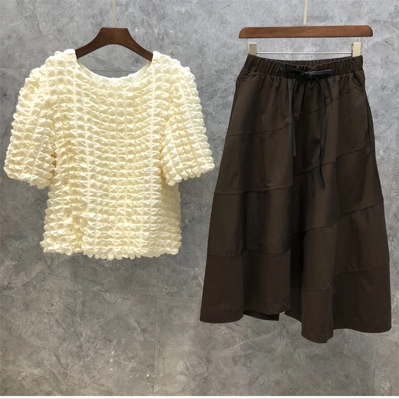 

High Quality Women's Set 2021 Autumn Skirt Suit Ladies Knitted Pullovers+Large Swing Brown Skirt Sets Casual 2 Piece Sweater Set