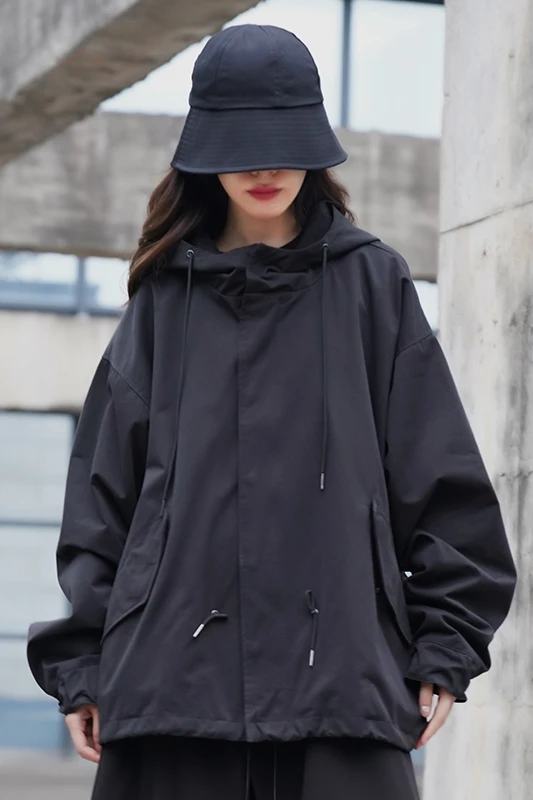 

Women Japan Streetwear Hip Hop Gothic Loose Black Hooded Short Trench Jacket Outerwear Female Plus Size Coat Windbreaker FY201