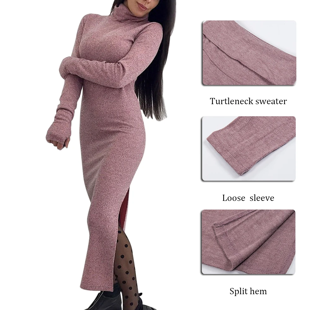 Осеннее флисовое трикотажное платье женское Макси с воротником хомутом