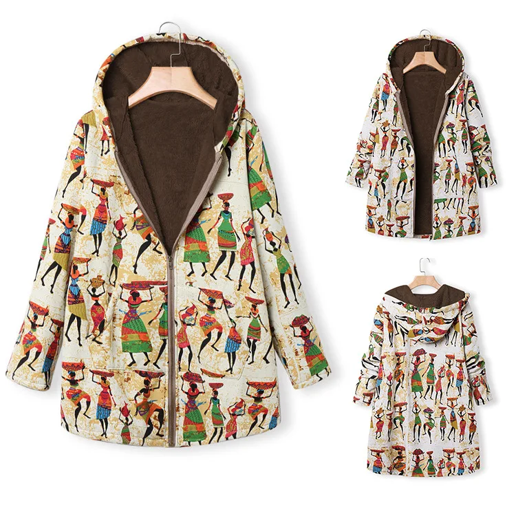 

Winter Retro Women's Jacket Warmth Printing Thickened Fleece Hooded Long Coat With Pockets Ladies Zipper Loose Coat Women's
