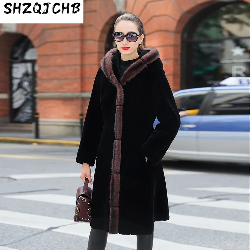 

SHZQ 2021 меховая женская шуба «Все в одном», средней длины, норковый меховой воротник, кожаное меховое пальто с капюшоном, зимняя новая модель