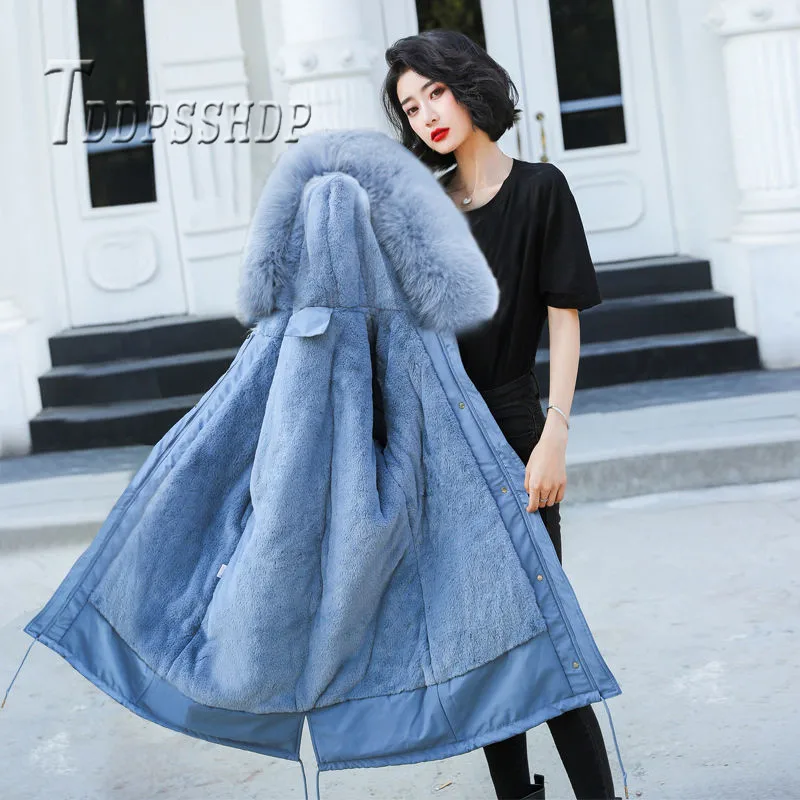 

2019 New Korean Long Style Women Parkas Lining With Fluff Warm Female Coat