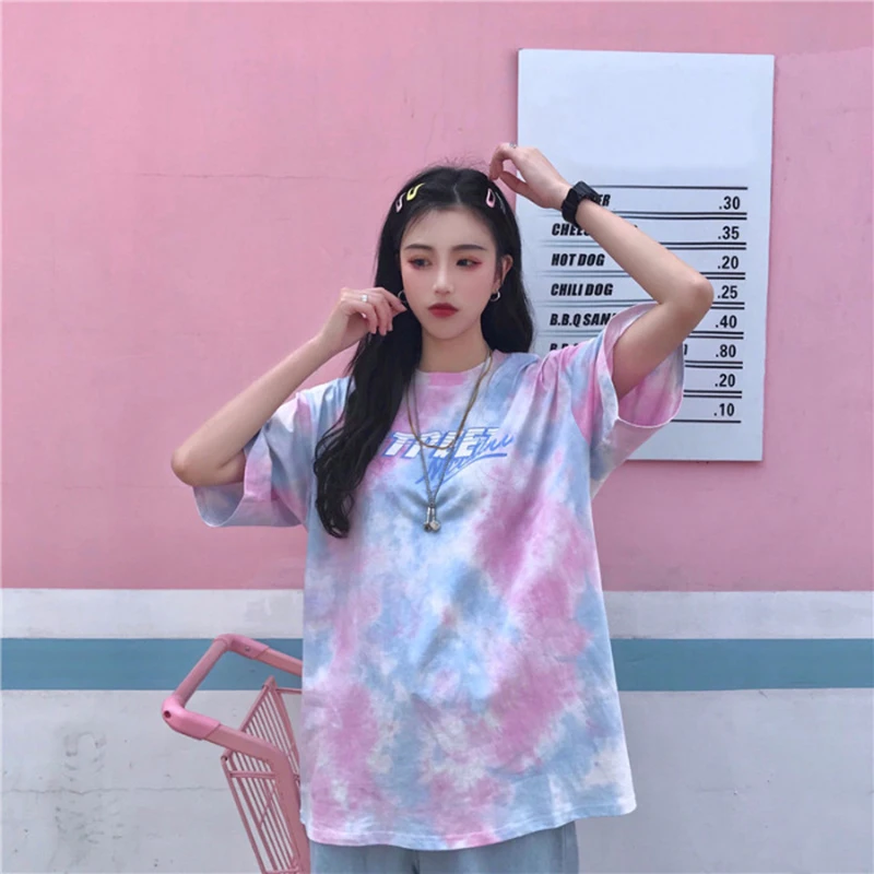

Loose Harajuku Style Tie-Dye Printed Top Summer Round-Neck Casual Short-Sleeved Women's T-Shirt M-2XL
