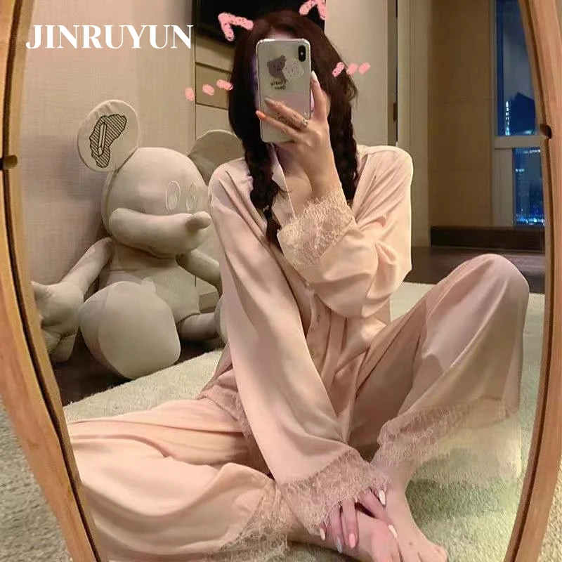 

Spring / Summer Pajamas sets women lace edge pink long-sleeved trousers ladies sleepwear cardigan ice silk home service 2PCS