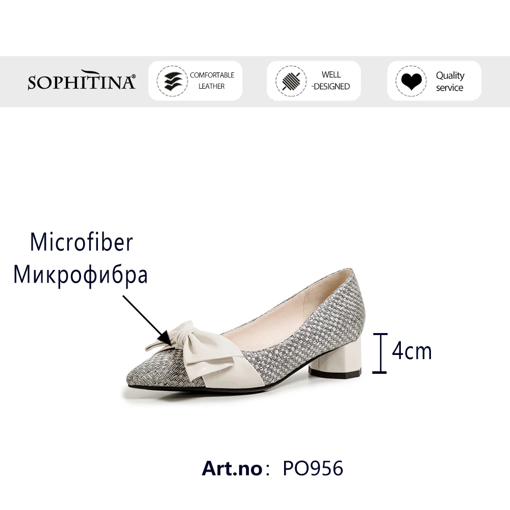 

SOPHITINA Big size Pumps Butterfly-knot Shallow Pointed Toe Straw High Quality Med Round Chunky Heel Dress Shoe PO956
