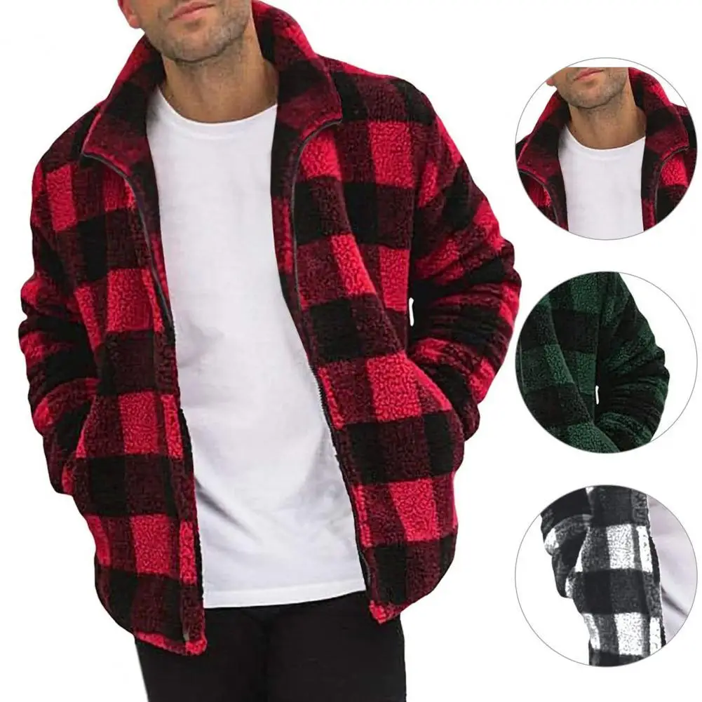 

Fluffy Jacket Long Sleeve Chic Windproof Plaid Print Cardigan Jacket Coat