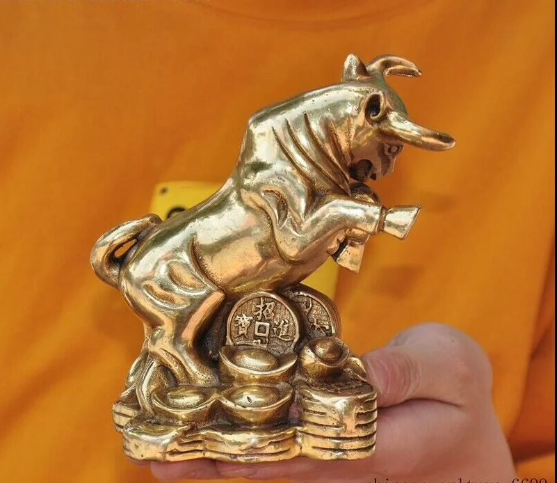 

China Feng Shui brass wealth coin Zodiac animal Wall Street Ox Bull oxen statue