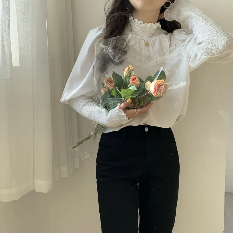 

IEQJ Shirt Womens Office Lady Lace Full Sleeve Round Collar Wild Elegant Slim Designed 2021 New Spring Summer Fashion Tide XA069