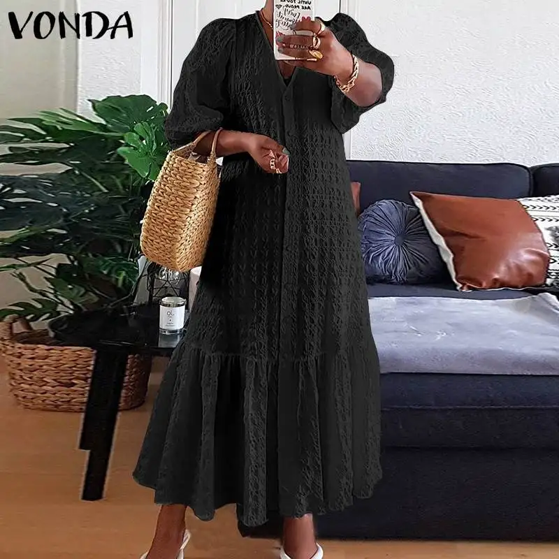 

VONDA 2021 Women Shirt Dress Casual Half Sleeve V Neck Button Down Party Pleated Long Dresses Bohemian Vestidos Plus Size 5XL
