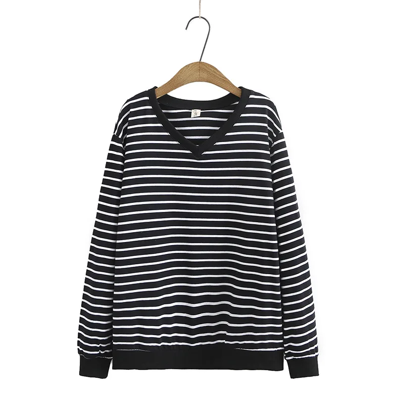 

Plus Size White Black Women's V-neck Hoodies Casual Striped Long Sleeved Spring Autumn Pullovers Vintage Outerwear
