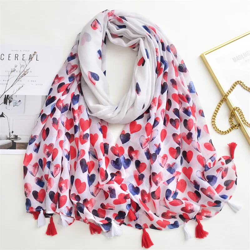 

2021 Spain Luxury Brand Lovely Heart Tassel Viscose Shawl Scarf Lady High Quality Print Soft Pashmina Stole Bufanda Muslim Hijab
