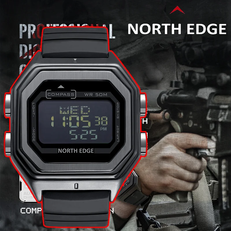 Мужские спортивные часы NORTH EDGE водонепроницаемые цифровые с компасом