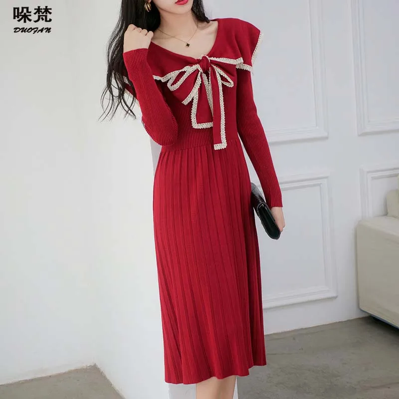

DUOFAN Elegant Dresses For Women Solid Color Sailor Collar Bow-knot Mid-calf French Style A-Line Pleated Dress Female Clothing