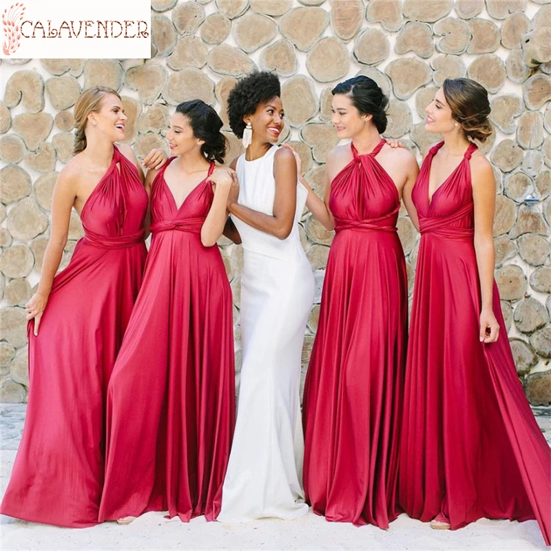 

Country Convertible Bridesmaid Dresses Long One Shoulder Backless A-Line Boho Wedding Guest Dresses Cheap Maid Of Honor Gowns