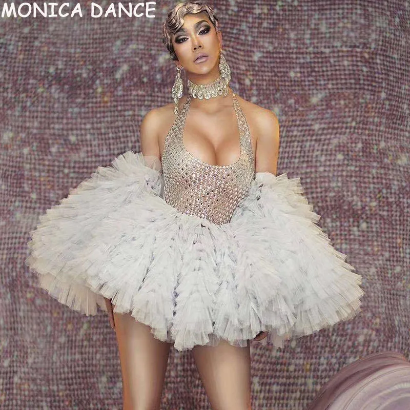 

Sexy Stage Silver Rhinestone Halter White Short Dress Prom Women Singer Dancer Show Outfit Bar Party Birthday Celebrate Dress