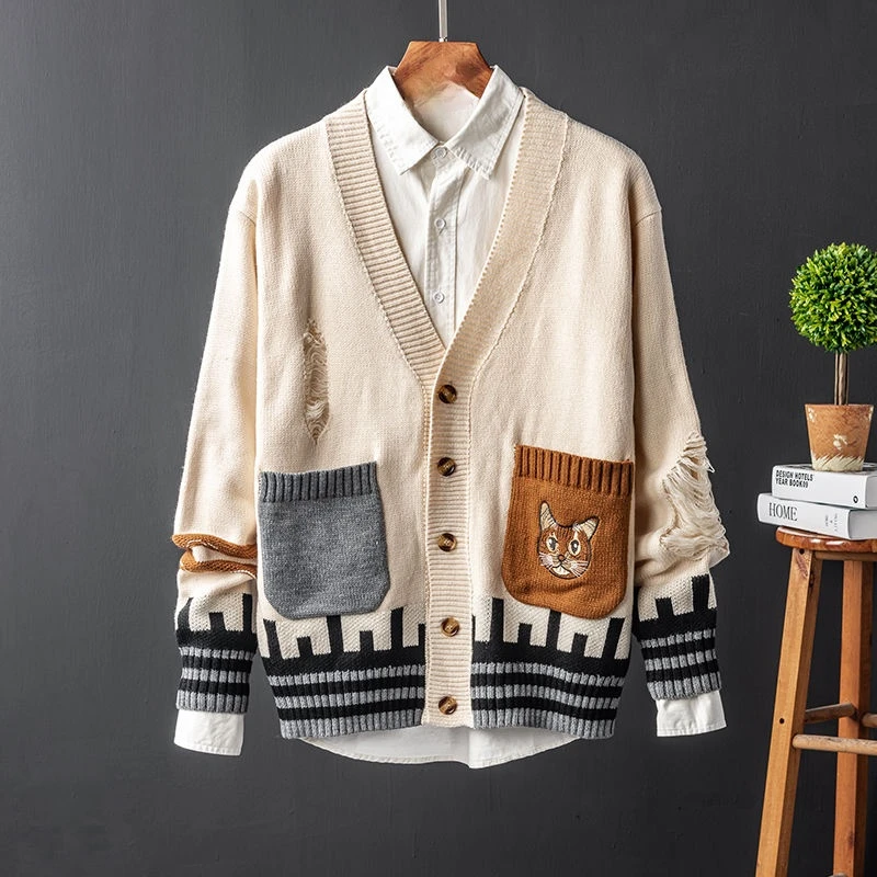 

Men's sweater retro contrast color V-neck knitted cardigan men's trend handsome broken hole sweater coat men's sweater top