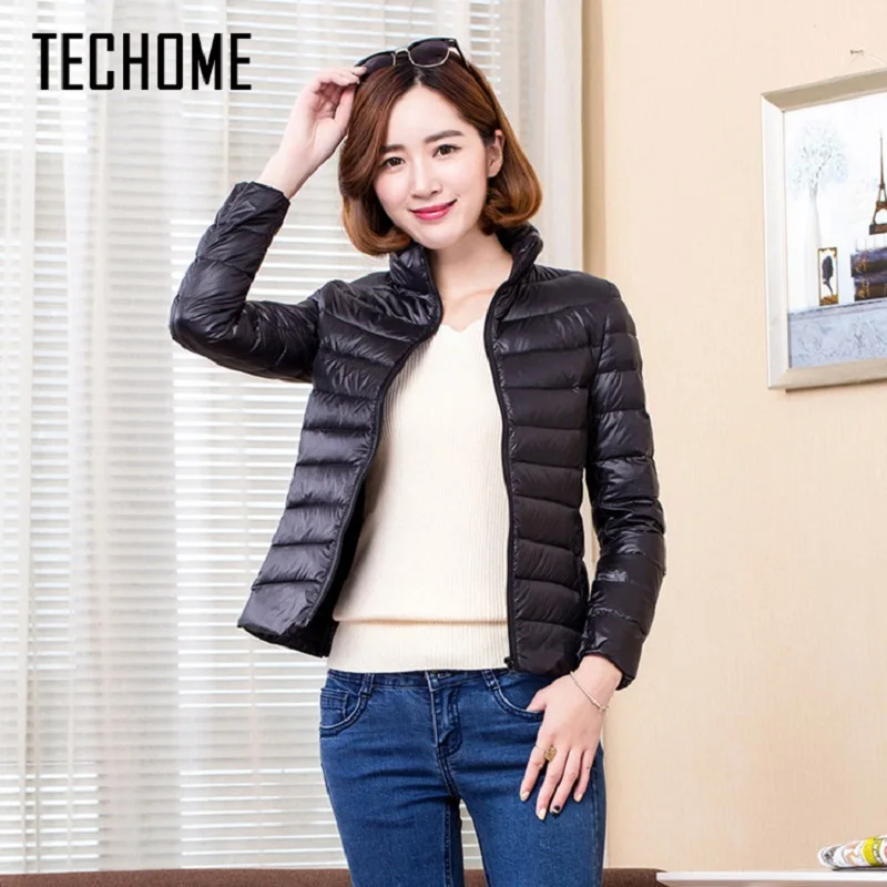 TECHOME Новое Женское пальто ультра легкий пуховик женские короткие воротник стойка