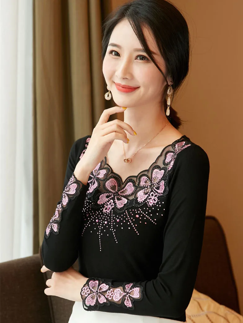 Женская хлопковая футболка с длинным рукавом и вышивкой в Корейском стиле