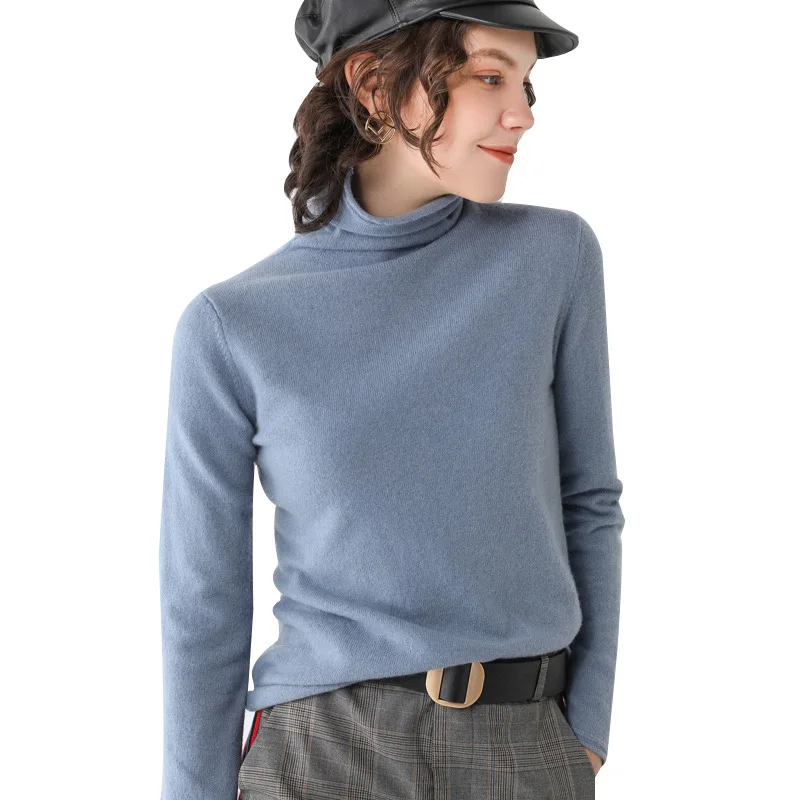 

Women 100% Wool Sweaters Turtleneck Ribs Pullovers Fall Winter Stretched Basic Sweaters for Woman Pure Color YR001