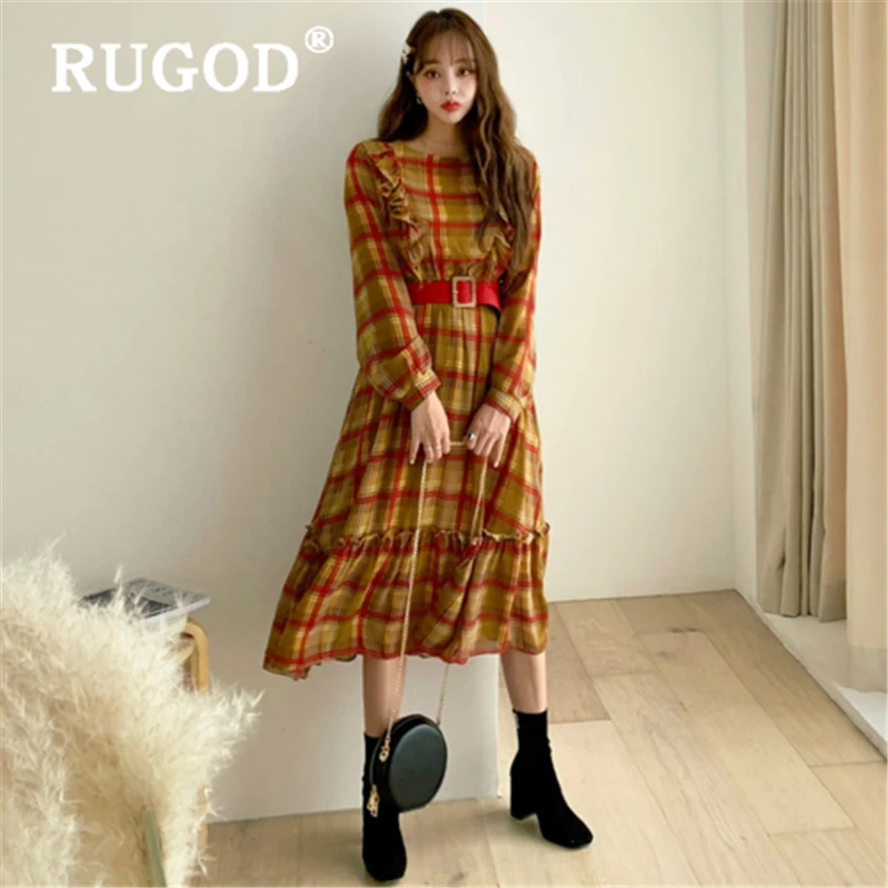 RUGOD корейское весеннее Новое клетчатое платье Женская мода круглый вырез офисное