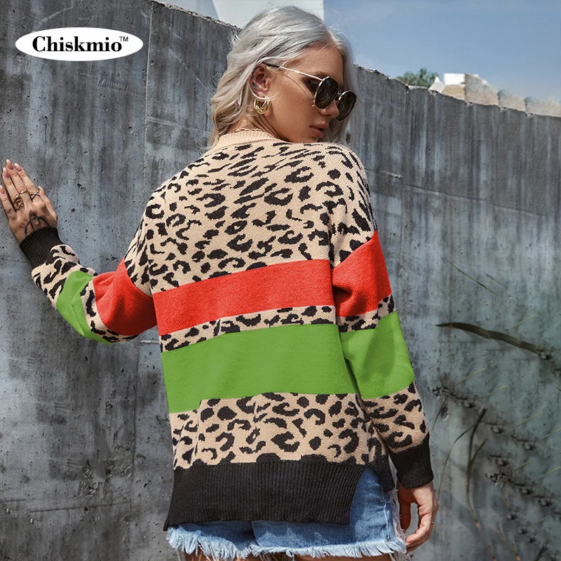 

Fashion Leopard Pattern Knitted Sweater Women Jumper Thick Warm Winter Clothes Striped Patchwork Knitwear Tops Sweaters Female