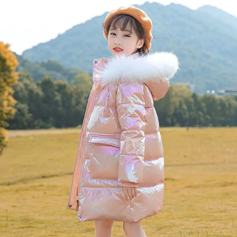 

Winter Children's Shiny Jackets Girls 2021Fashion Fur Hooded Parkas Kids Waterproof Outdoor Warm Coat Teenage Cotton Outerwear