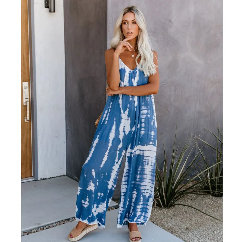 

Women Sleeveless Tie-dye Beach Boho Casual Jumpsuit Summer Homewear Beach Vacation High Street Romper Overalls Pantalones Mujer