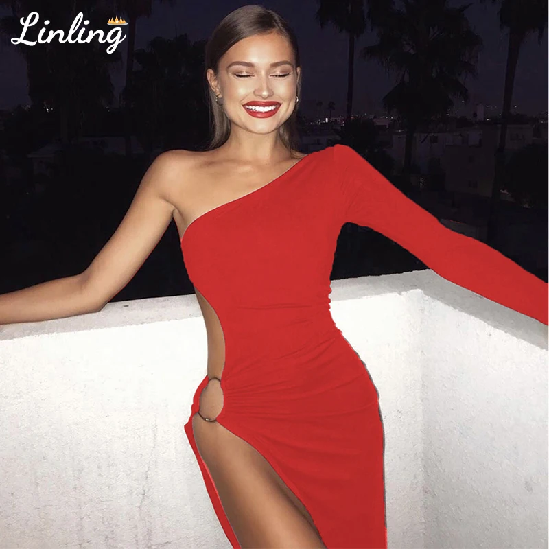 LINLING сексуальное Клубное платье для женщин на одно плечо с длинным рукавом
