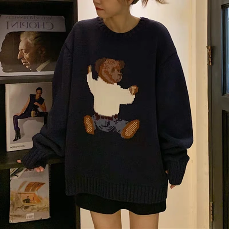 

2020 Autumn and Winter Blue Pullover Bear Sweater Women's Knit Sweater Retro Outer Wear Loose Lazy Wind Top