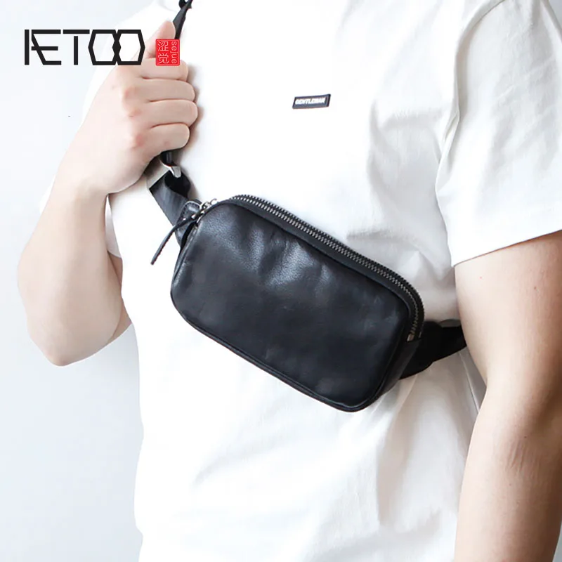 AETOO Men's cowhide chest bag, leather men's messenger bag, zipper leisure belt bag, mobile phone bag