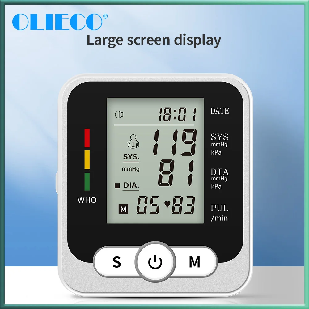 

OLIECO Wrist Dry Battery Blood Pressure Monitor Tonometer English Voice Broadcast LCD High Resolution Screen Gift Travel Storage