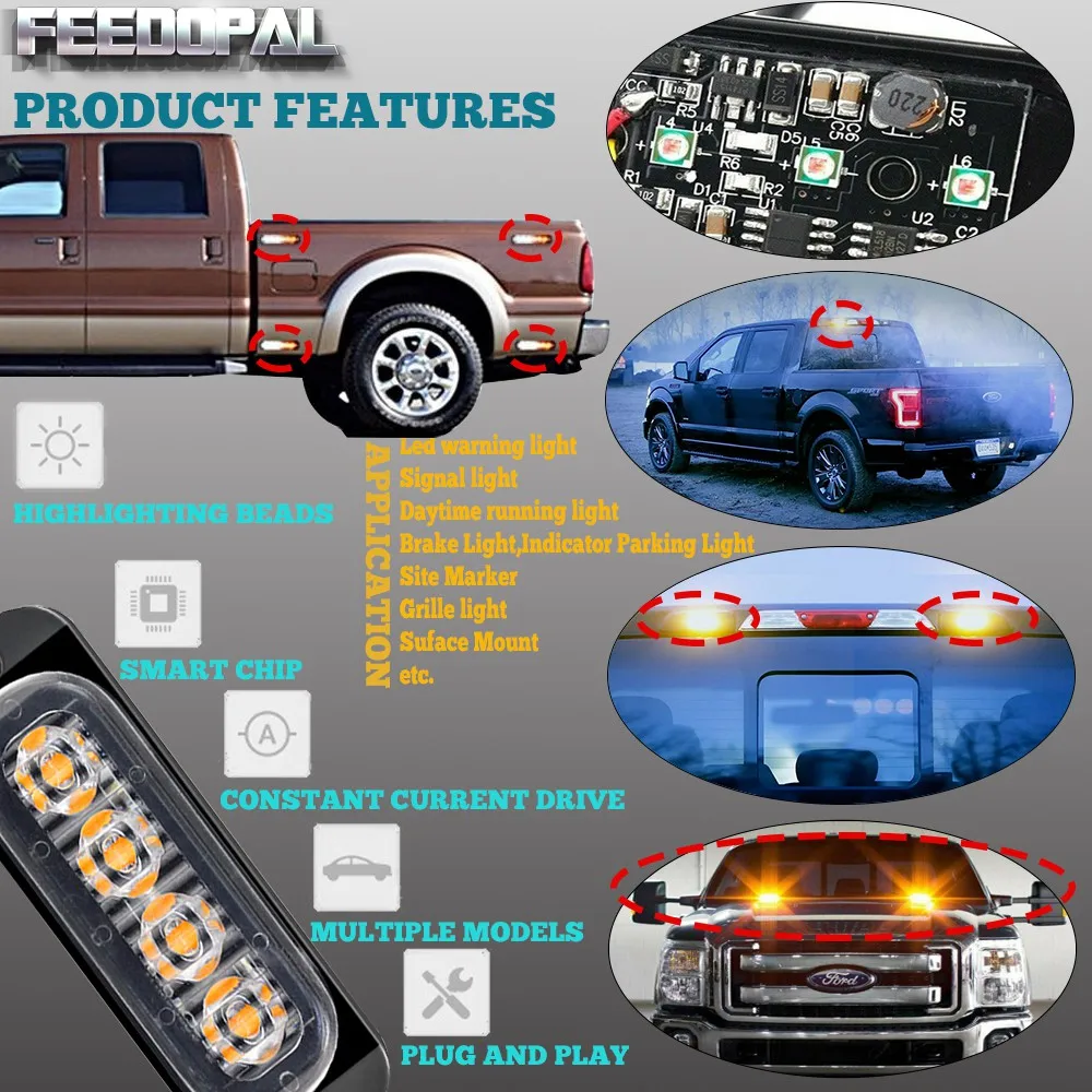 FEEDOPAL 2 шт. 4LED 12V 24V Янтарная белый красный мигающий Стробоскопическая Лампа
