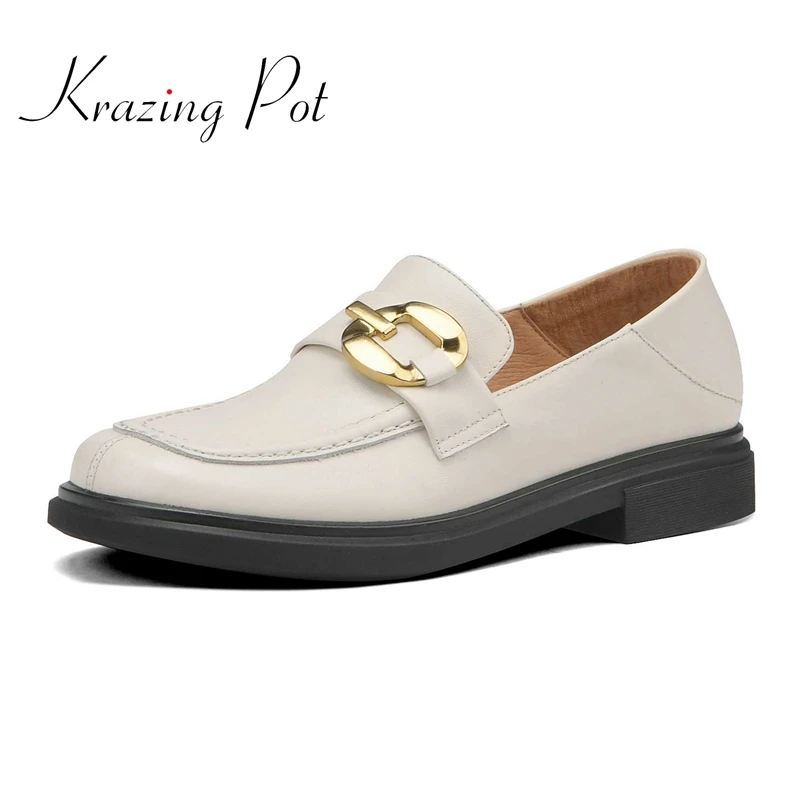 

Лоферы Krazing Pot на среднем каблуке, натуральная кожа, круглый носок, металлическая застежка, повседневная одежда для молодых девушек, туфли-ло...