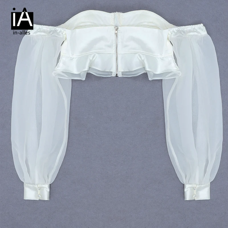 In-Alles 2020 women summer bandage blouse big long slush lantern sleeve short lace up strap crop top White