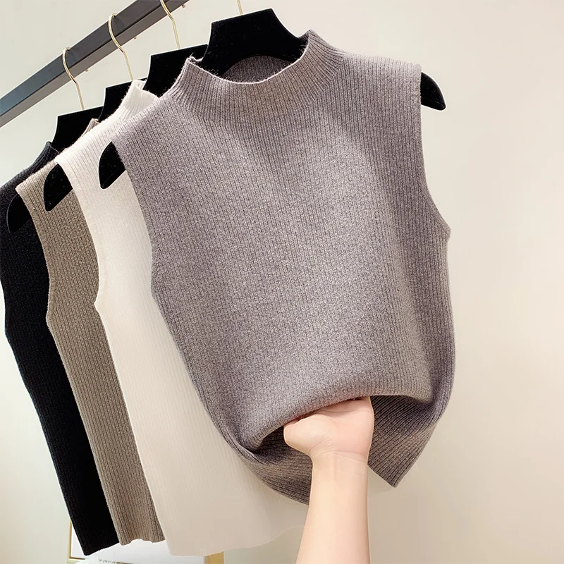 

Summer outside knitted vest women's autumn bottoming slim top solid color simple sleeveless ice silk half high collar T-shirt