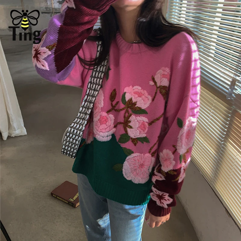 

Winter Autumn Rose Flower Embroidery Pink Sweater New Design Christmas Sweaters Knitwear Traf Pullovers Clothings Za
